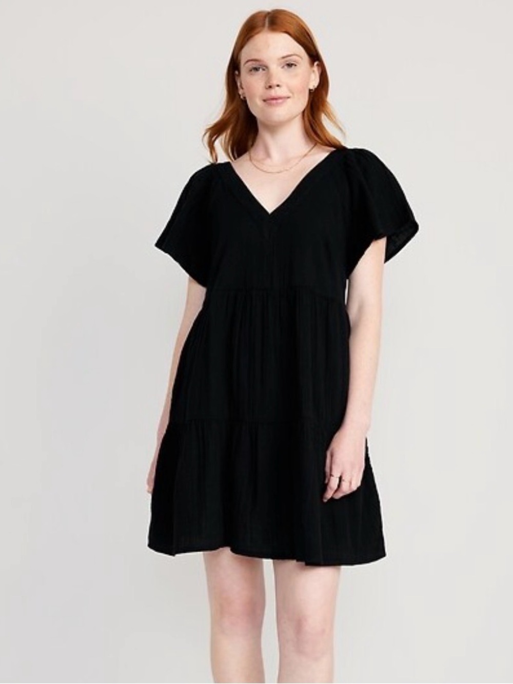 Black V-Neck Tiered Short Sleeve Dress
